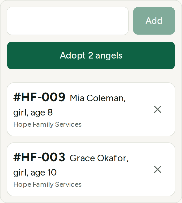 A volunteer adding two angels for a donor on a phone